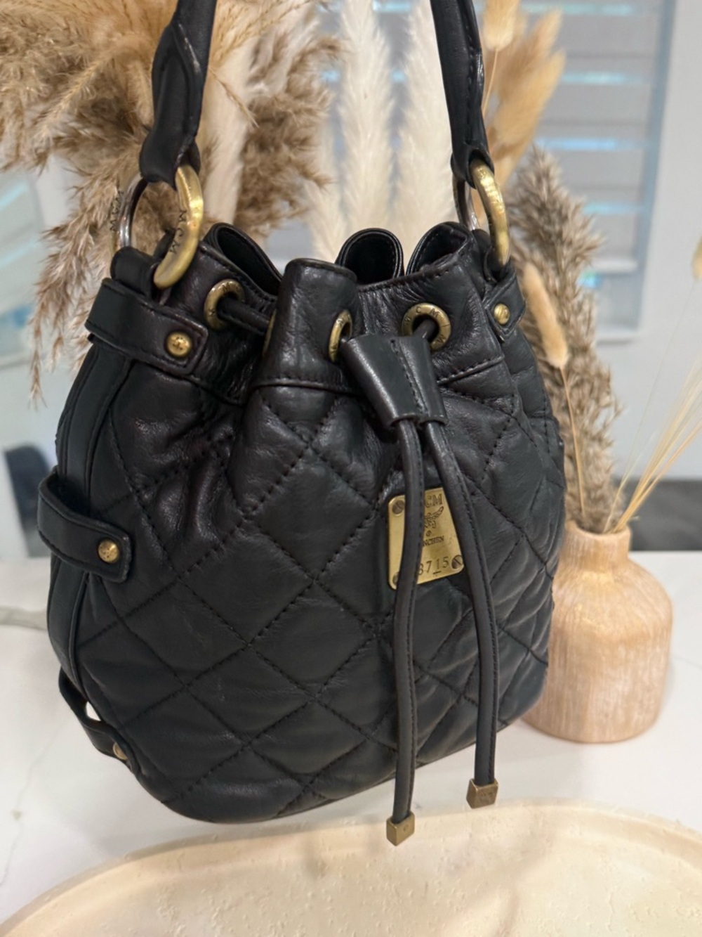 MCM Vintage black Quilted Leather Drawstring Bucket Bag - Authentic w/ COA - Picture 11 of 16
